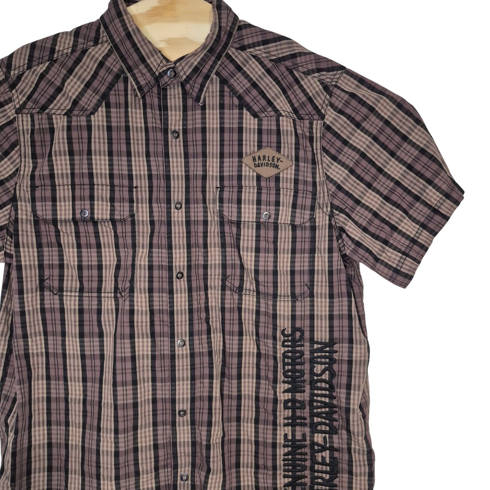 Harley Davidson Snap Up Shirt Mens XL Brown Plaid SS Biker Genuine Motorclothes